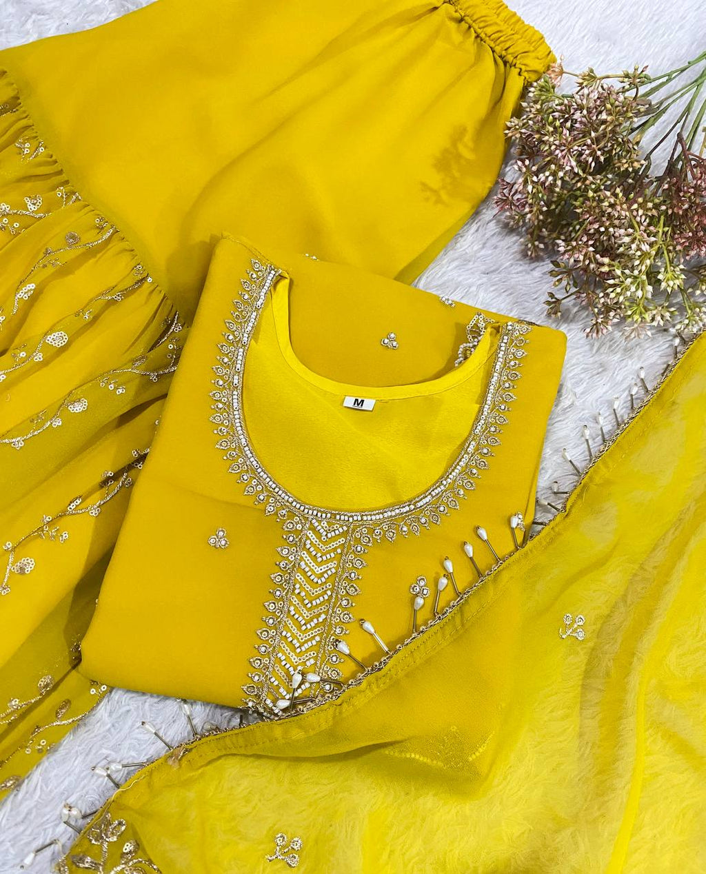 Faux Georgette Gharara Suit with Sequence Embroidery & Beads Work