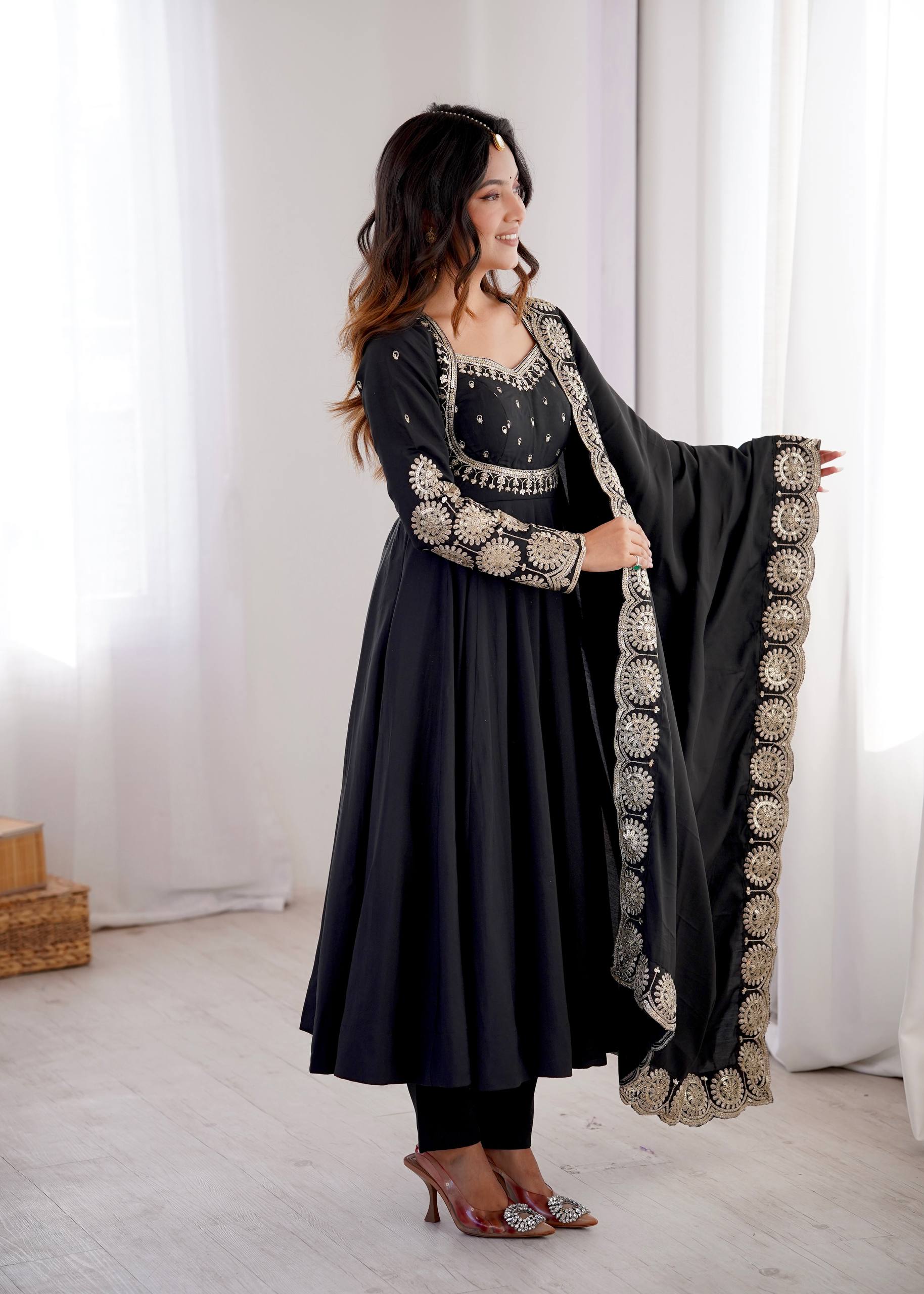 Ridhanya Roman Silk Elegant Embroidered Gown with Chanderi Dupatta