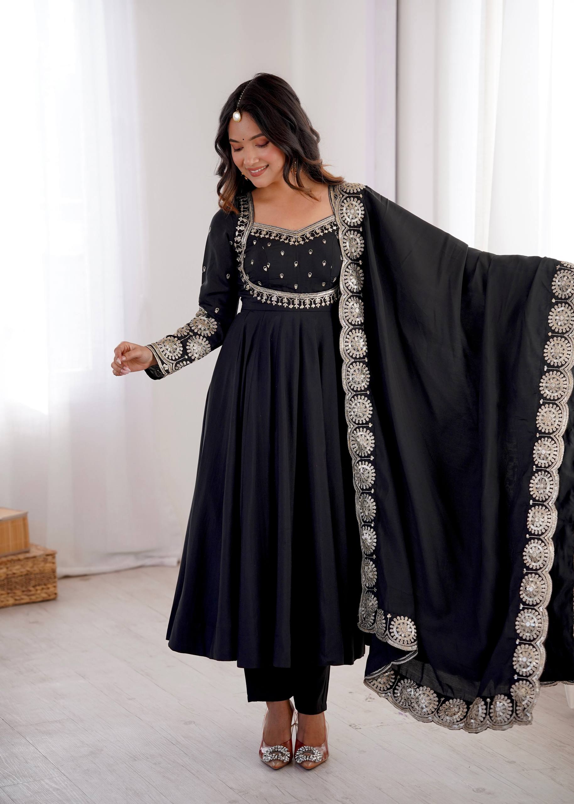 Ridhanya Roman Silk Elegant Embroidered Gown with Chanderi Dupatta