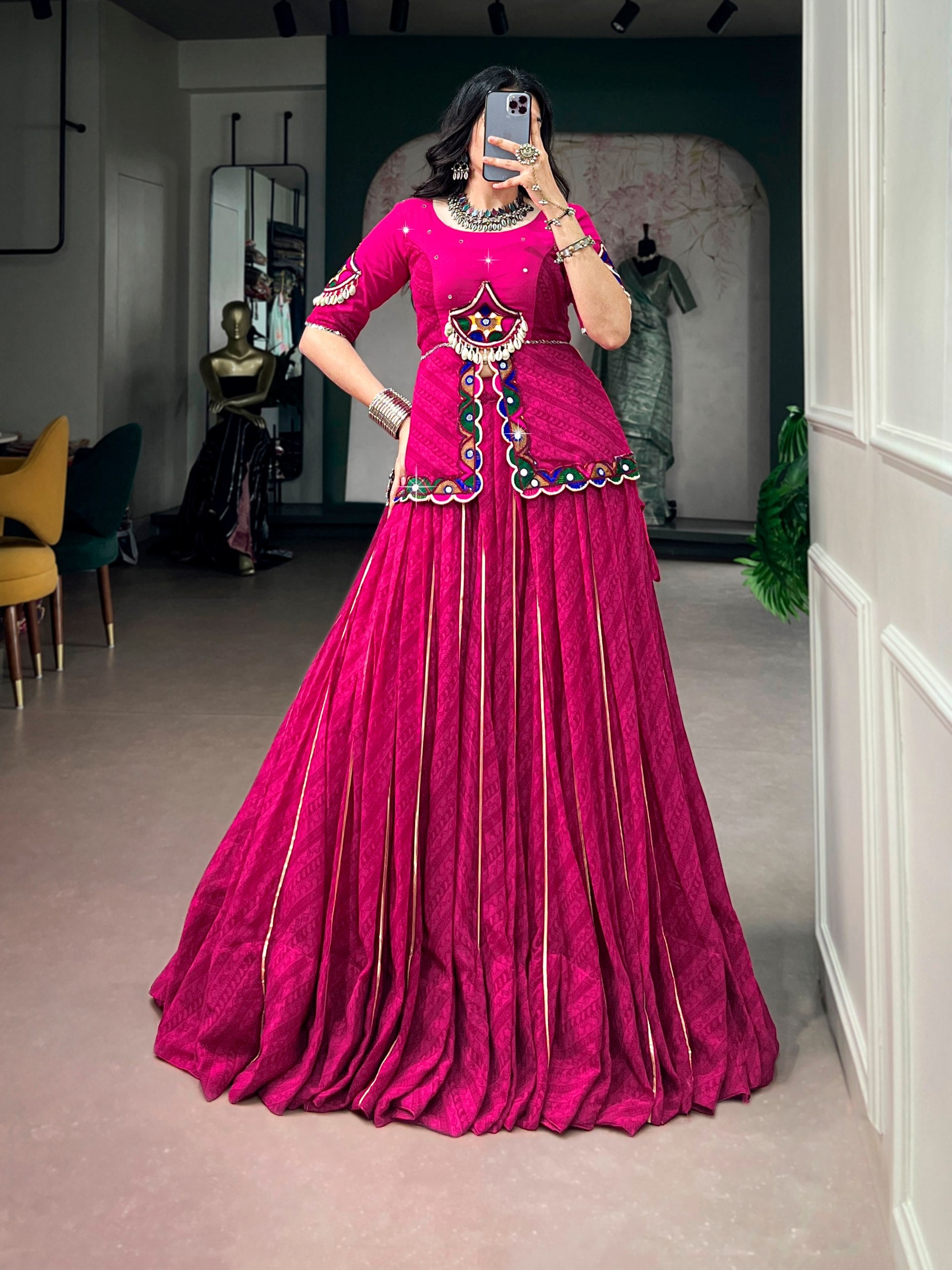 Elegant Pink Printed Georgette Lehenga with Gamthi Mirror Work Dupatta