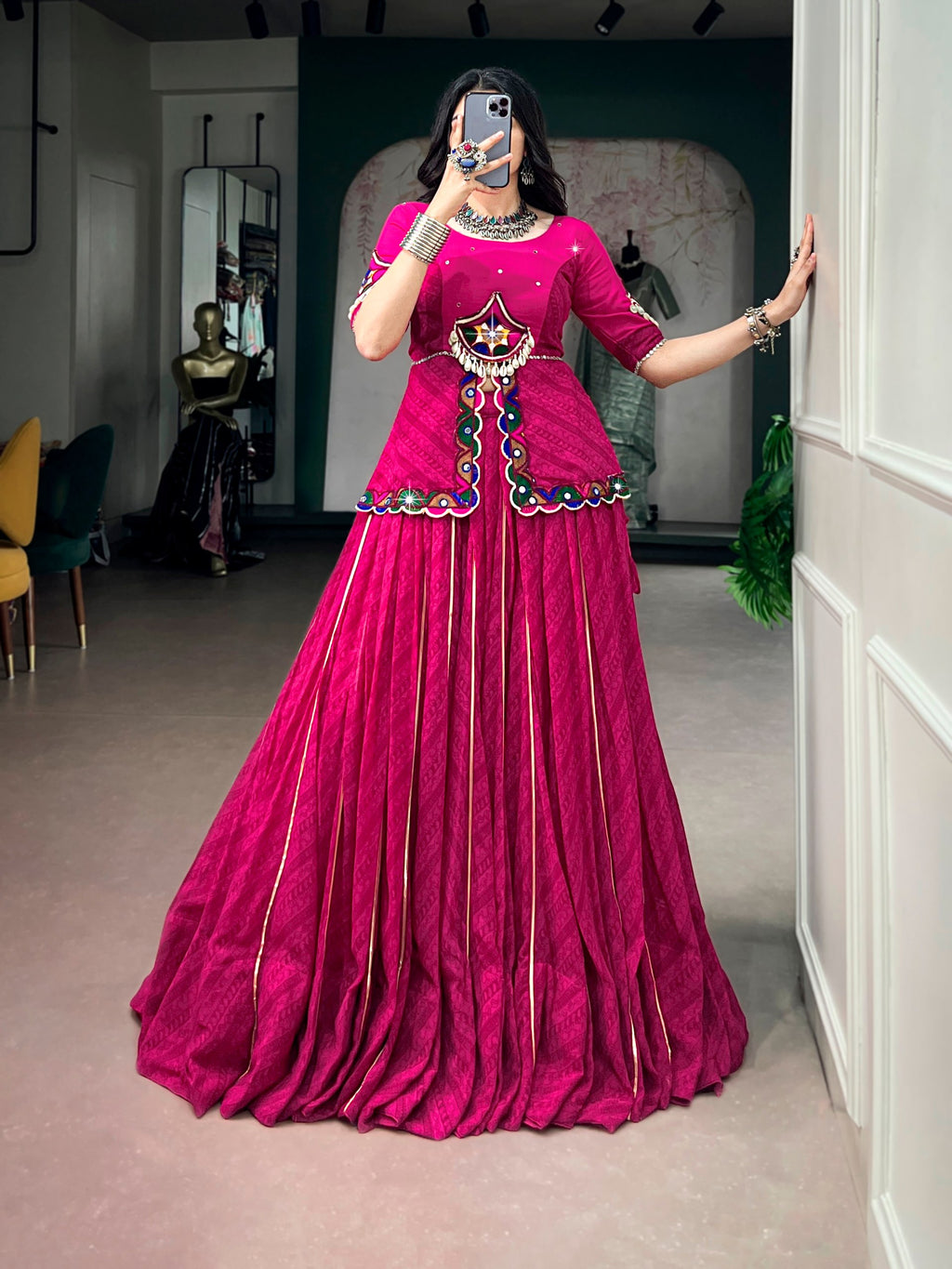Elegant Pink Printed Georgette Lehenga with Gamthi Mirror Work Dupatta