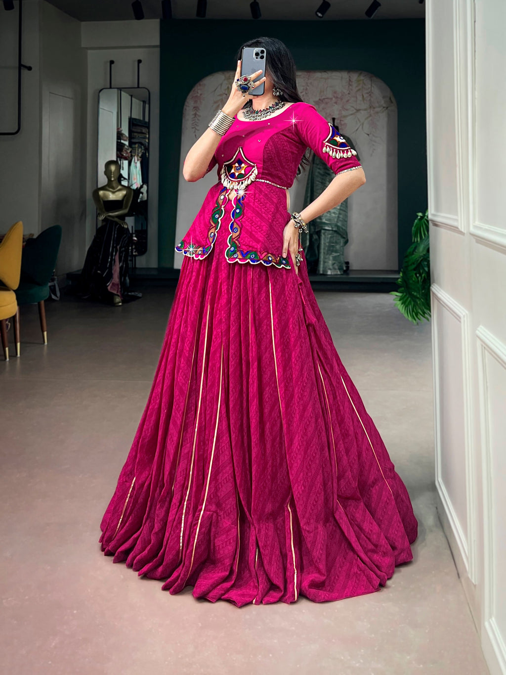 Elegant Pink Printed Georgette Lehenga with Gamthi Mirror Work Dupatta
