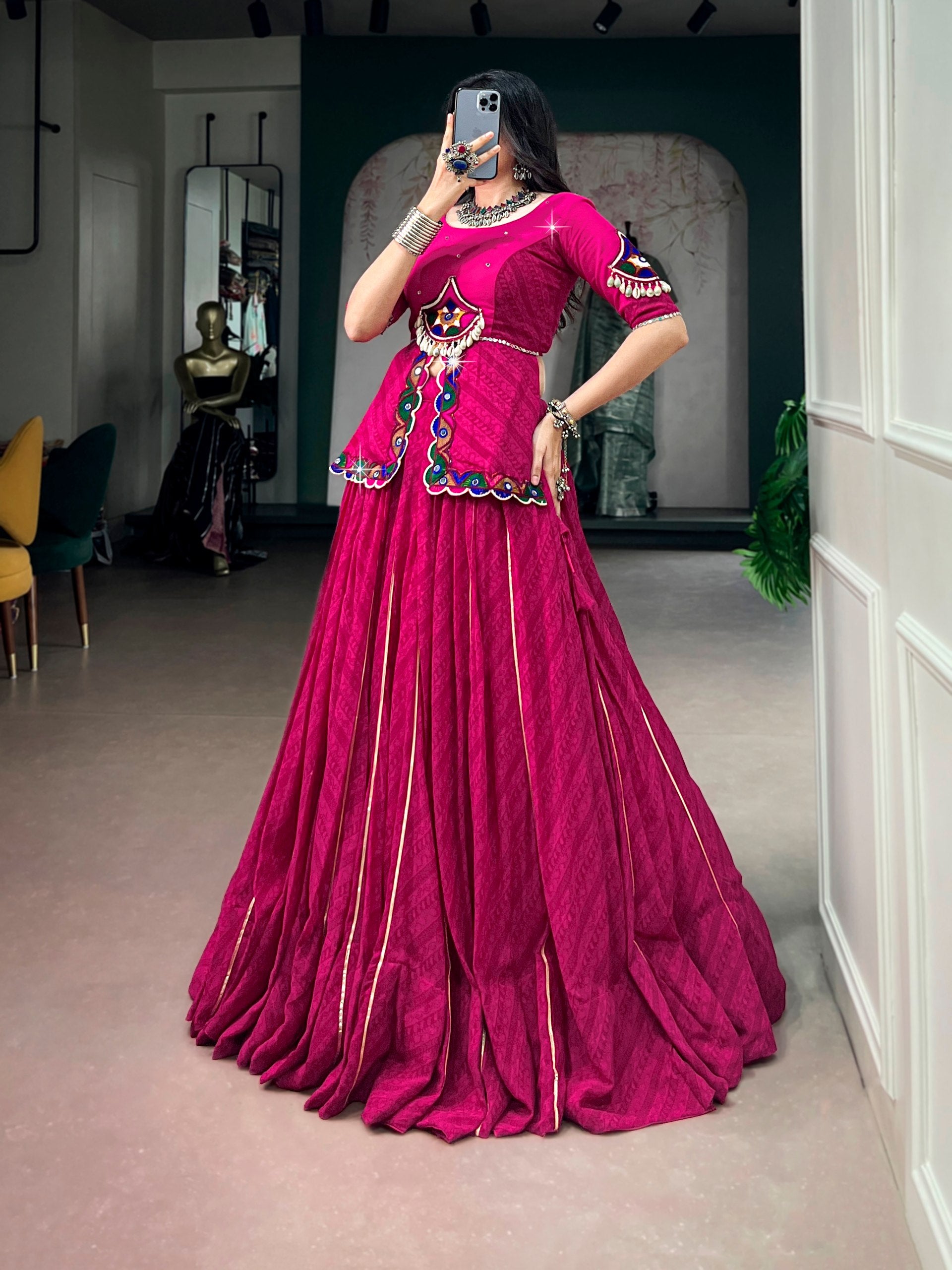 Elegant Pink Printed Georgette Lehenga with Gamthi Mirror Work Dupatta