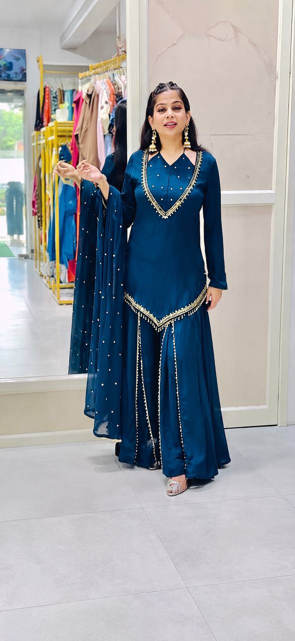 Zarelle Noor Designer Heavy Roman Glass Mirror Work Palazzo Suit Set with Chanderi Silk Moti Dupatta