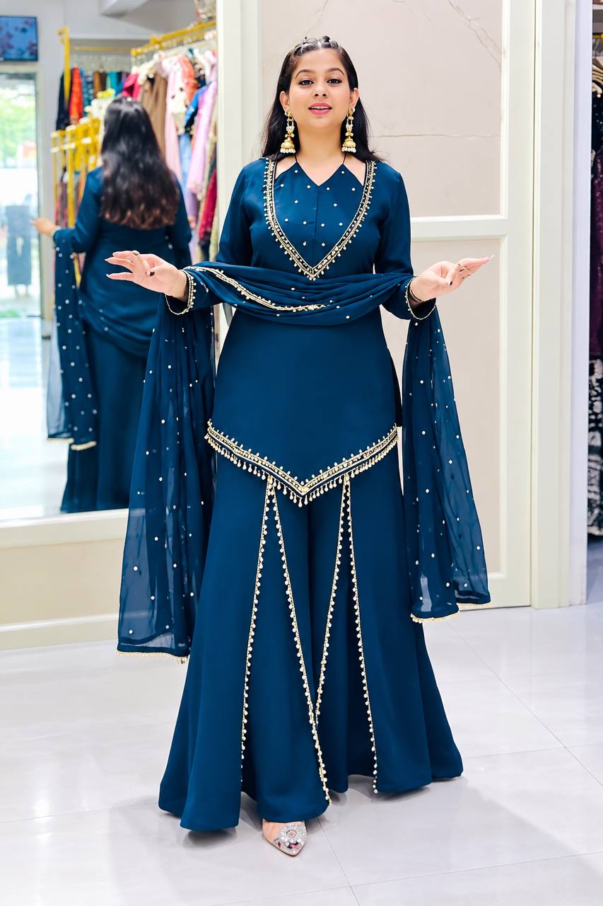 Zarelle Noor Designer Heavy Roman Glass Mirror Work Palazzo Suit Set with Chanderi Silk Moti Dupatta