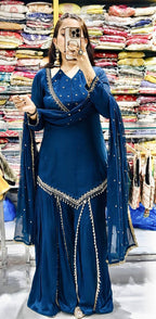 Zarelle Noor Designer Heavy Roman Glass Mirror Work Palazzo Suit Set with Chanderi Silk Moti Dupatta