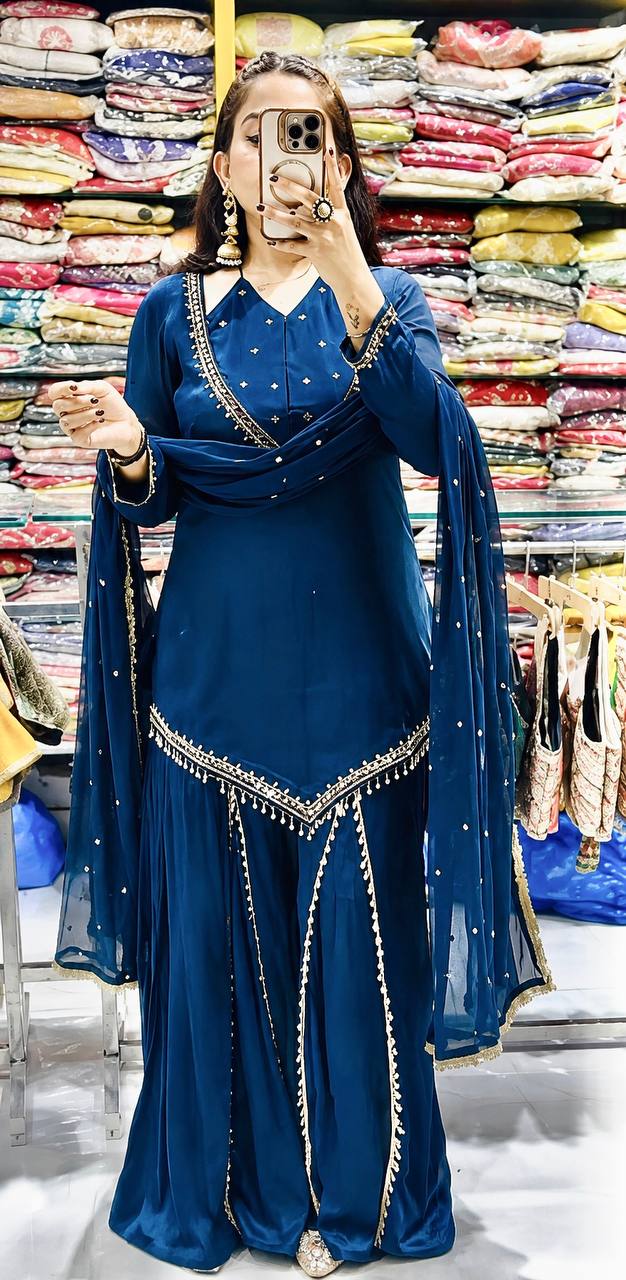 Zarelle Noor Designer Heavy Roman Glass Mirror Work Palazzo Suit Set with Chanderi Silk Moti Dupatta