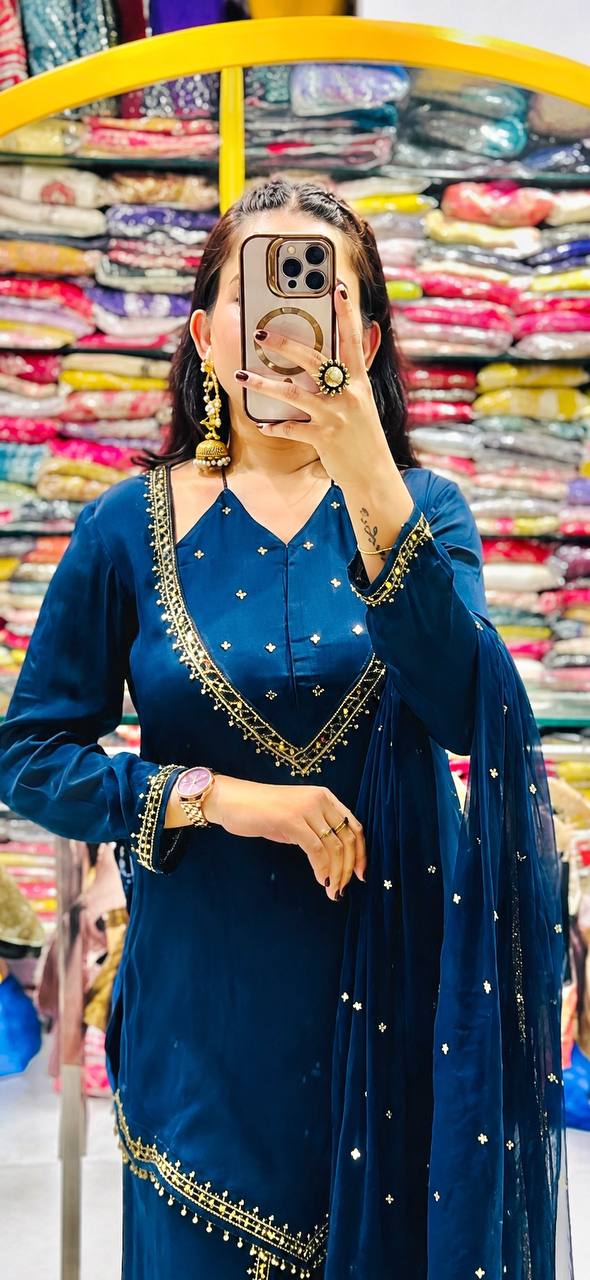 Zarelle Noor Designer Heavy Roman Glass Mirror Work Palazzo Suit Set with Chanderi Silk Moti Dupatta