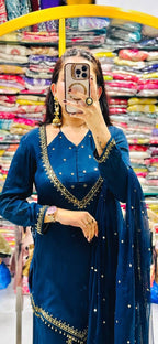 Zarelle Noor Designer Heavy Roman Glass Mirror Work Palazzo Suit Set with Chanderi Silk Moti Dupatta