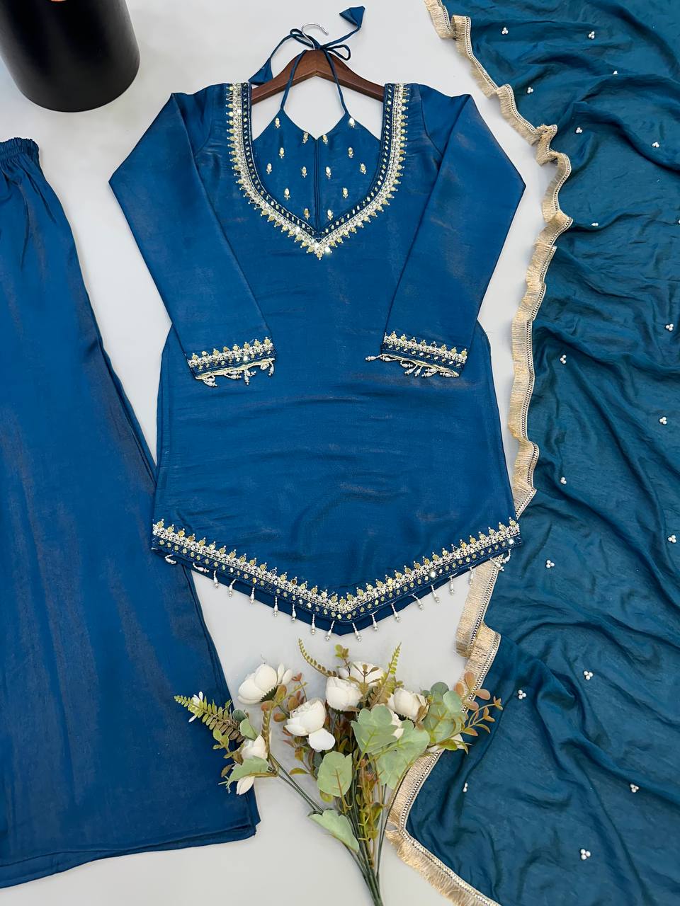 Zarelle Noor Designer Heavy Roman Glass Mirror Work Palazzo Suit Set with Chanderi Silk Moti Dupatta