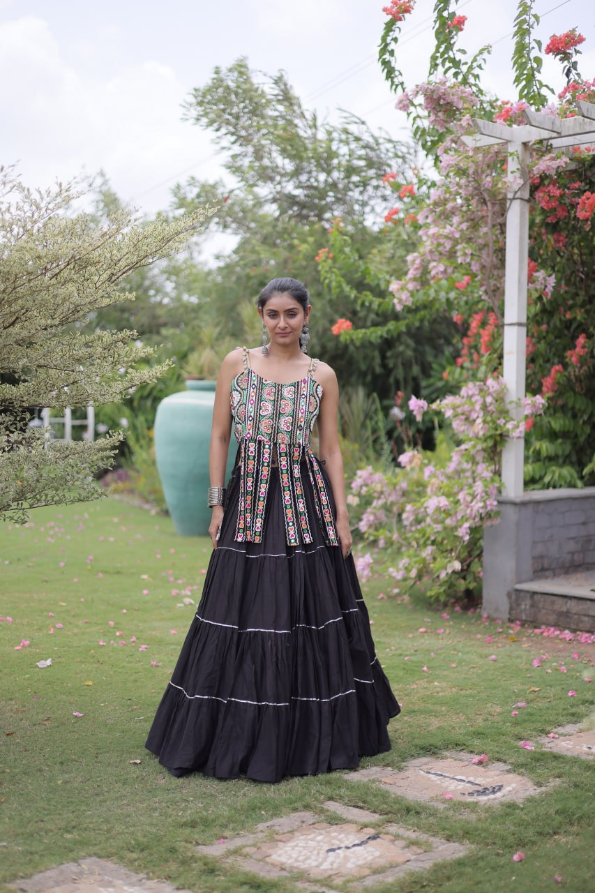 Rangvisha Designer Kora Cotton Navratri Lehenga Choli with 12 Meter Flair & Kutchi Patchwork Blouse