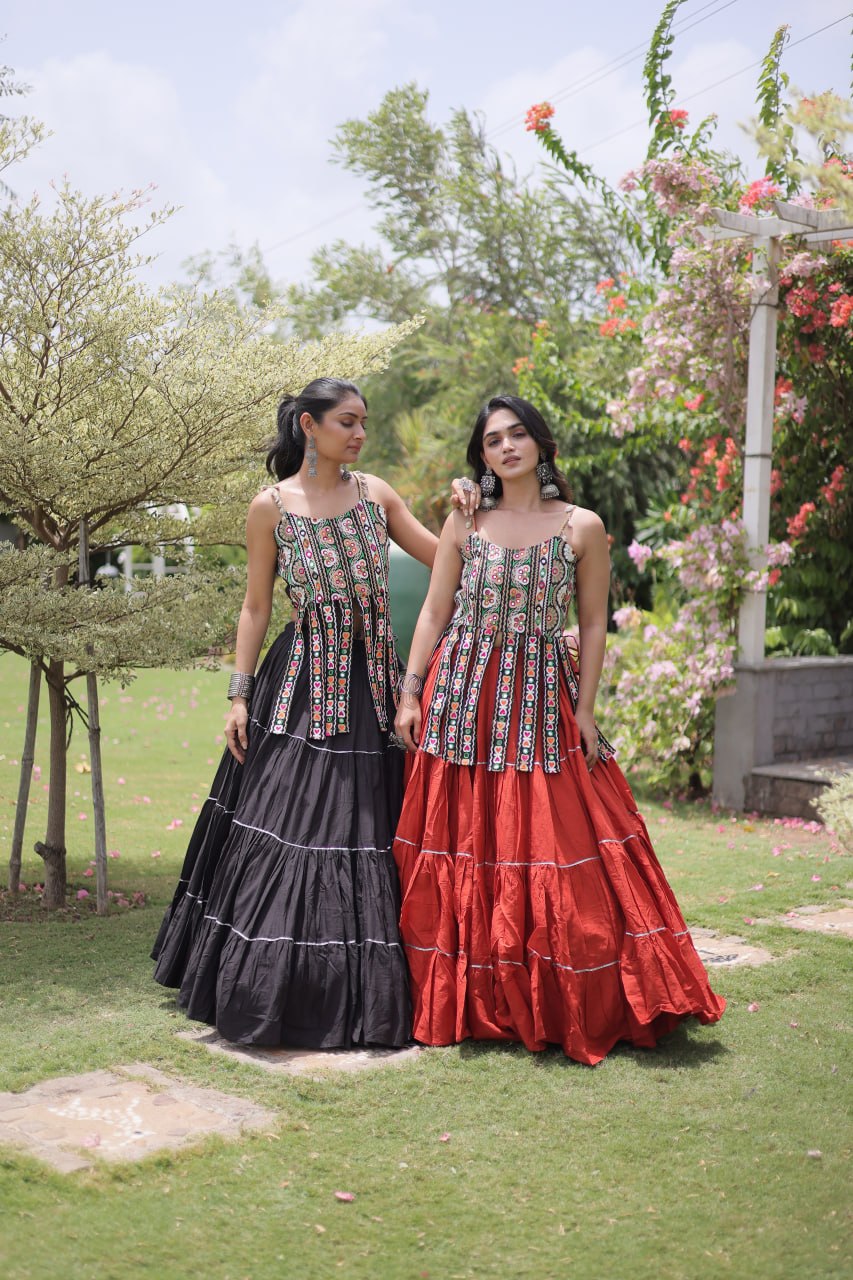 Rangvisha Designer Kora Cotton Navratri Lehenga Choli with 12 Meter Flair & Kutchi Patchwork Blouse