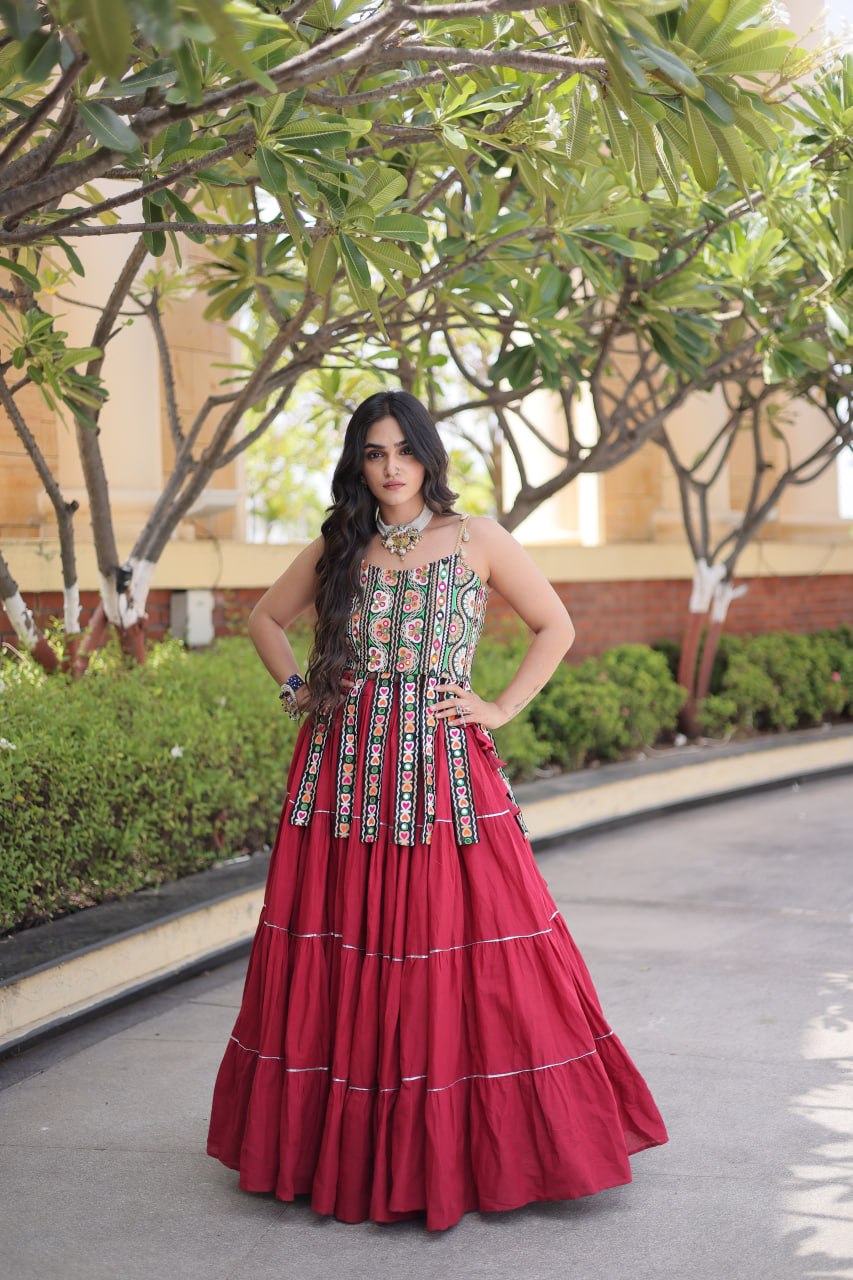 Rangvisha Designer Kora Cotton Navratri Lehenga Choli with 12 Meter Flair & Kutchi Patchwork Blouse