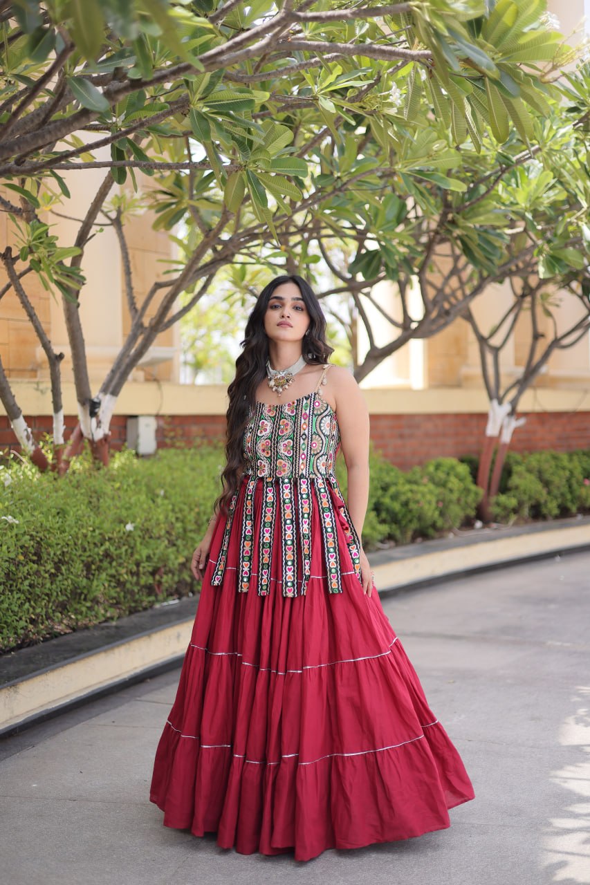 Rangvisha Designer Kora Cotton Navratri Lehenga Choli with 12 Meter Flair & Kutchi Patchwork Blouse