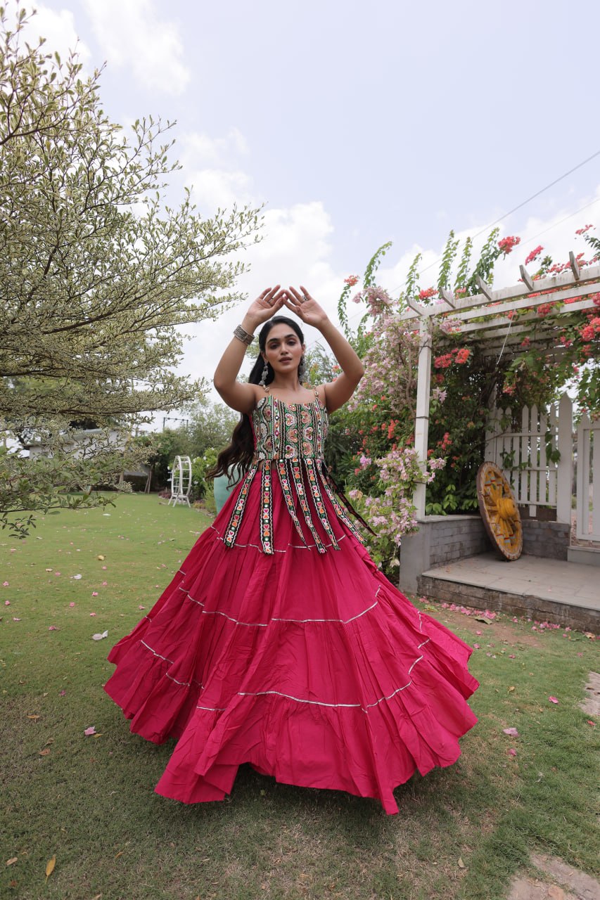 Rangvisha Designer Kora Cotton Navratri Lehenga Choli with 12 Meter Flair & Kutchi Patchwork Blouse
