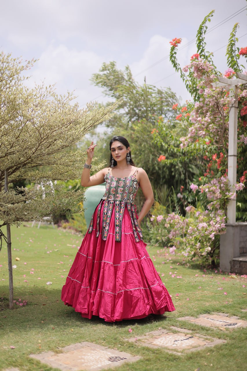 Rangvisha Designer Kora Cotton Navratri Lehenga Choli with 12 Meter Flair & Kutchi Patchwork Blouse