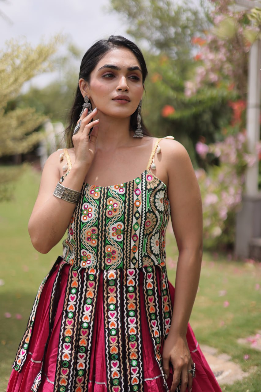 Rangvisha Designer Kora Cotton Navratri Lehenga Choli with 12 Meter Flair & Kutchi Patchwork Blouse