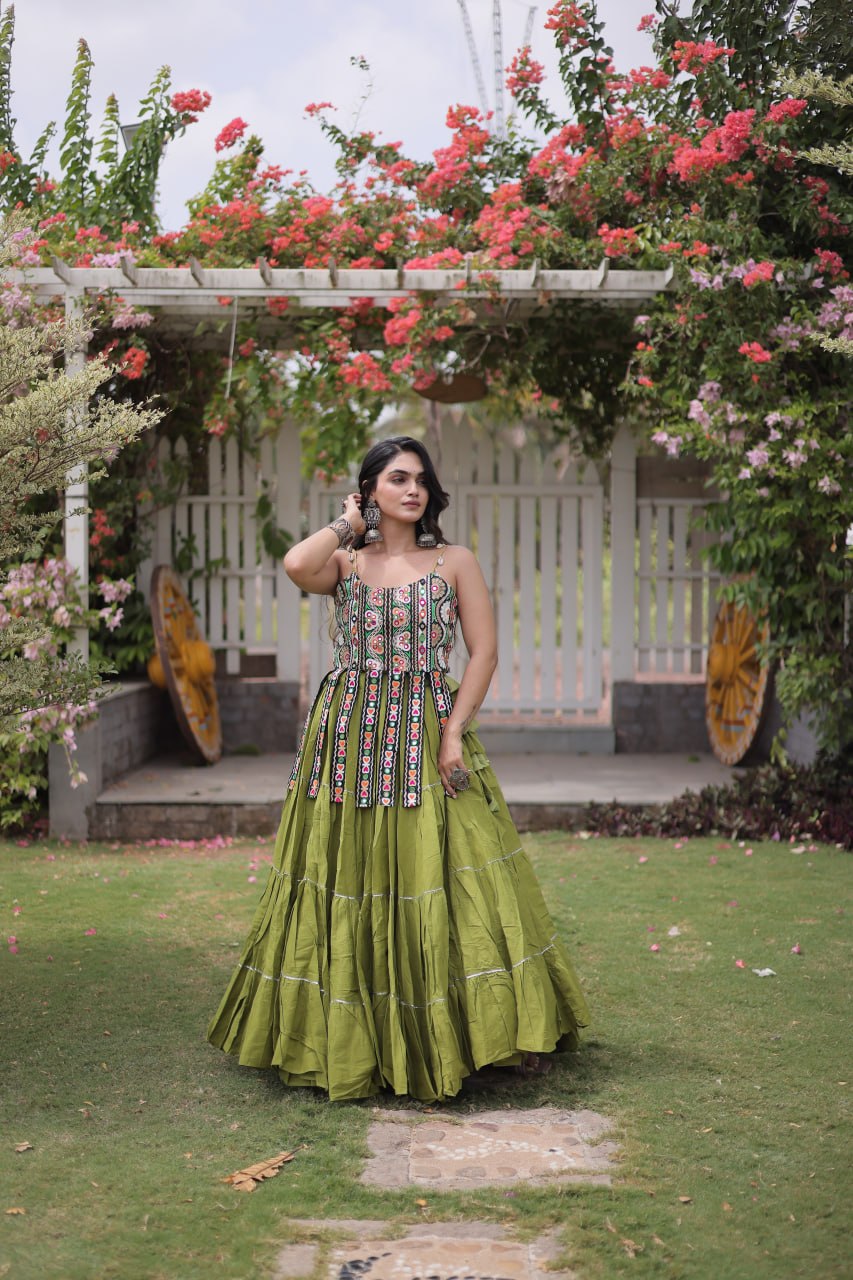 Rangvisha Designer Kora Cotton Navratri Lehenga Choli with 12 Meter Flair & Kutchi Patchwork Blouse