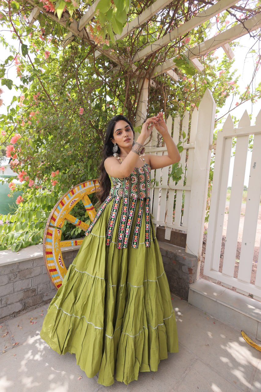 Rangvisha Designer Kora Cotton Navratri Lehenga Choli with 12 Meter Flair & Kutchi Patchwork Blouse