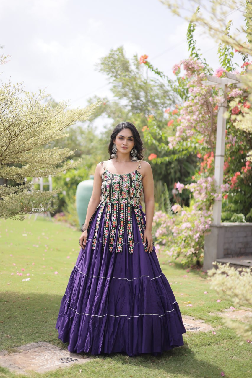 Rangvisha Designer Kora Cotton Navratri Lehenga Choli with 12 Meter Flair & Kutchi Patchwork Blouse
