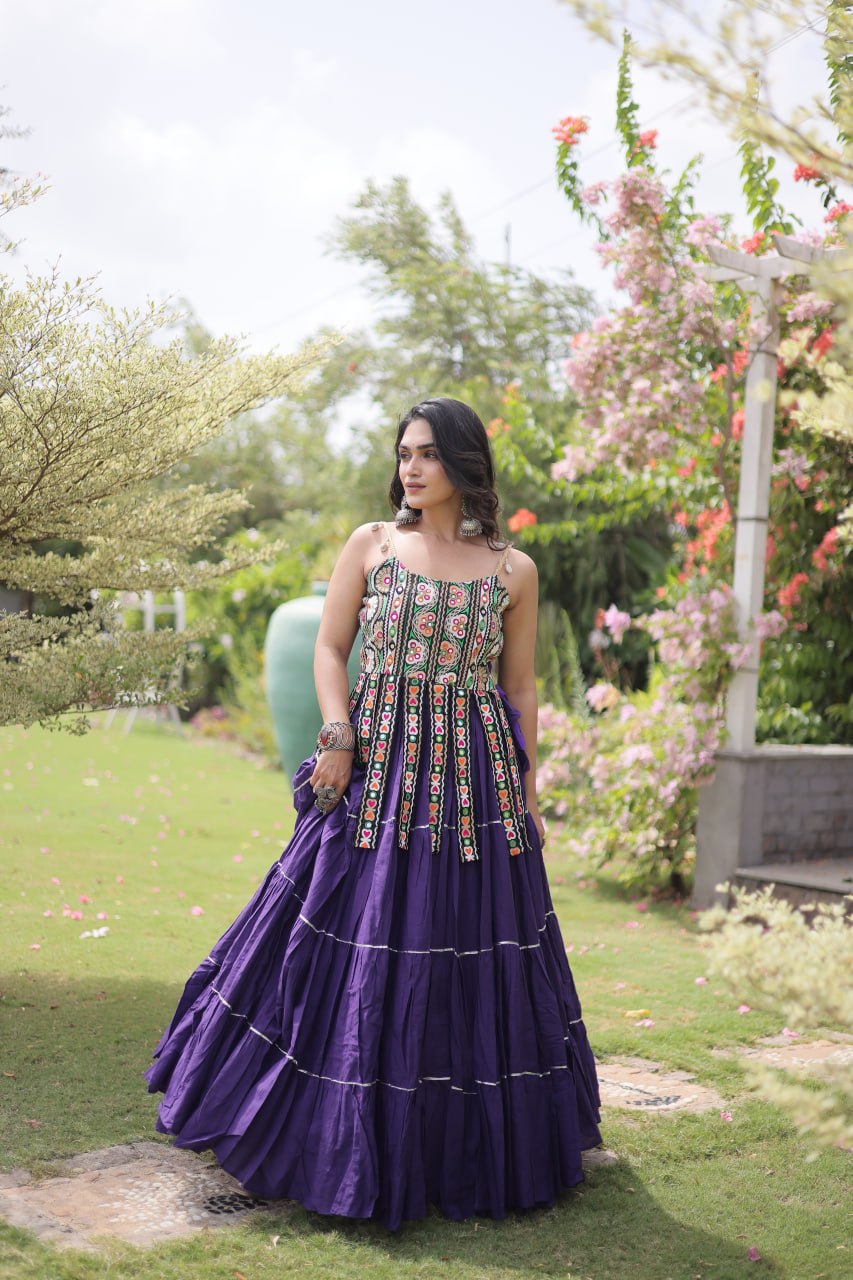 Rangvisha Designer Kora Cotton Navratri Lehenga Choli with 12 Meter Flair & Kutchi Patchwork Blouse