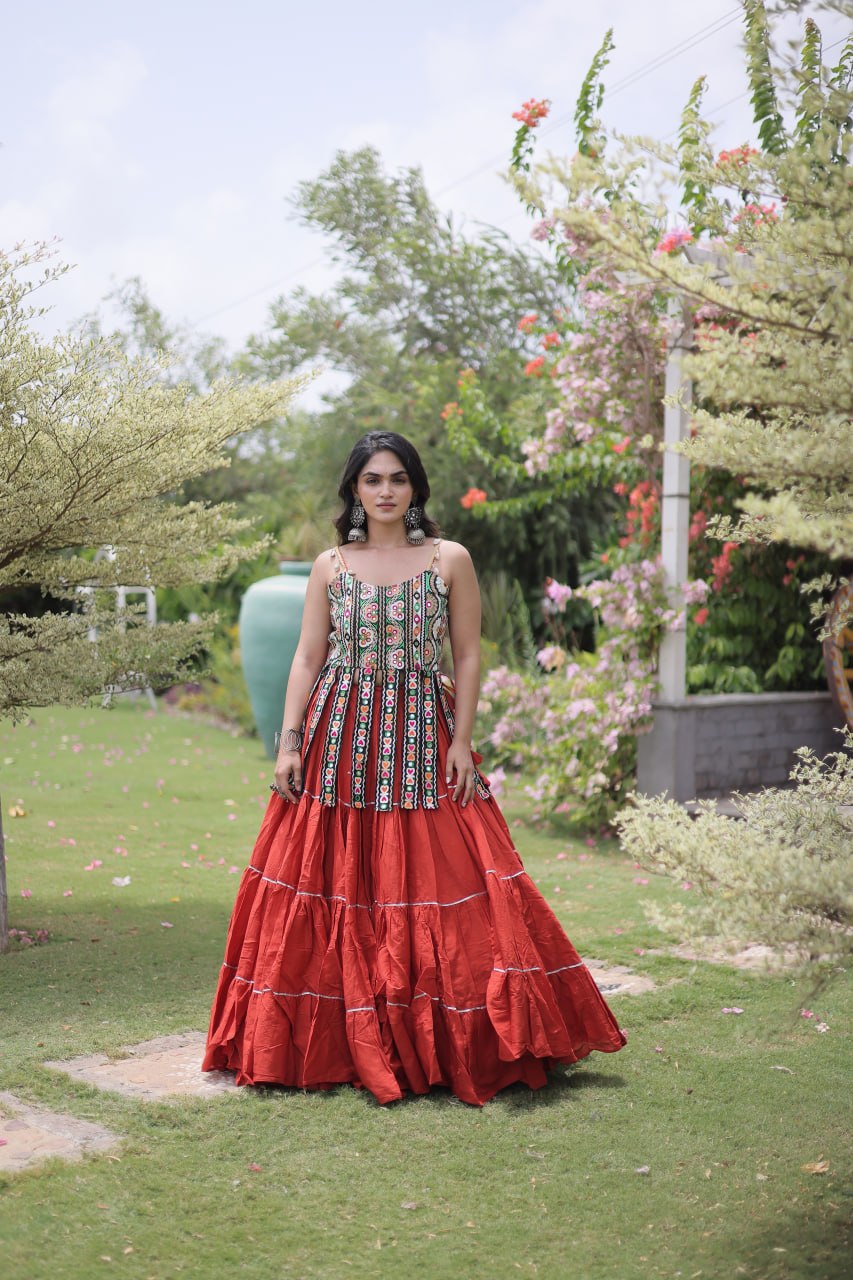 Rangvisha Designer Kora Cotton Navratri Lehenga Choli with 12 Meter Flair & Kutchi Patchwork Blouse