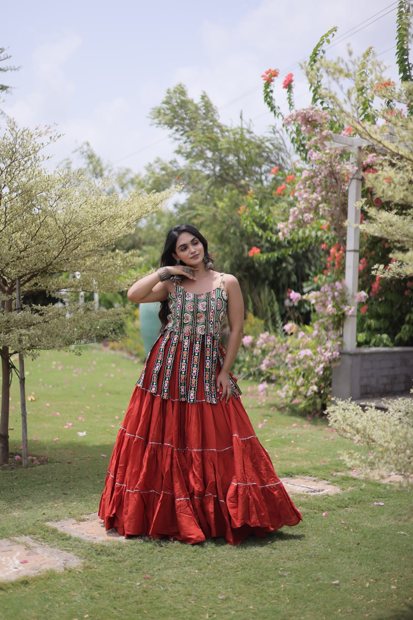 Rangvisha Designer Kora Cotton Navratri Lehenga Choli with 12 Meter Flair & Kutchi Patchwork Blouse