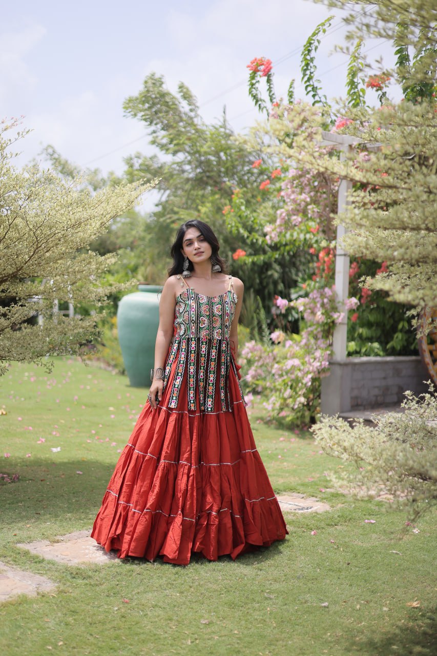 Rangvisha Designer Kora Cotton Navratri Lehenga Choli with 12 Meter Flair & Kutchi Patchwork Blouse
