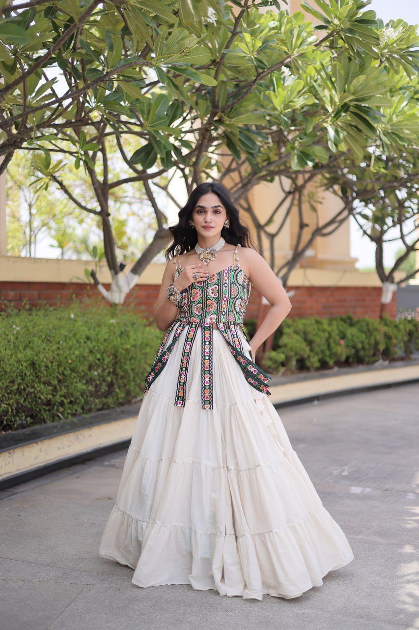 Rangvisha Designer Kora Cotton Navratri Lehenga Choli with 12 Meter Flair & Kutchi Patchwork Blouse