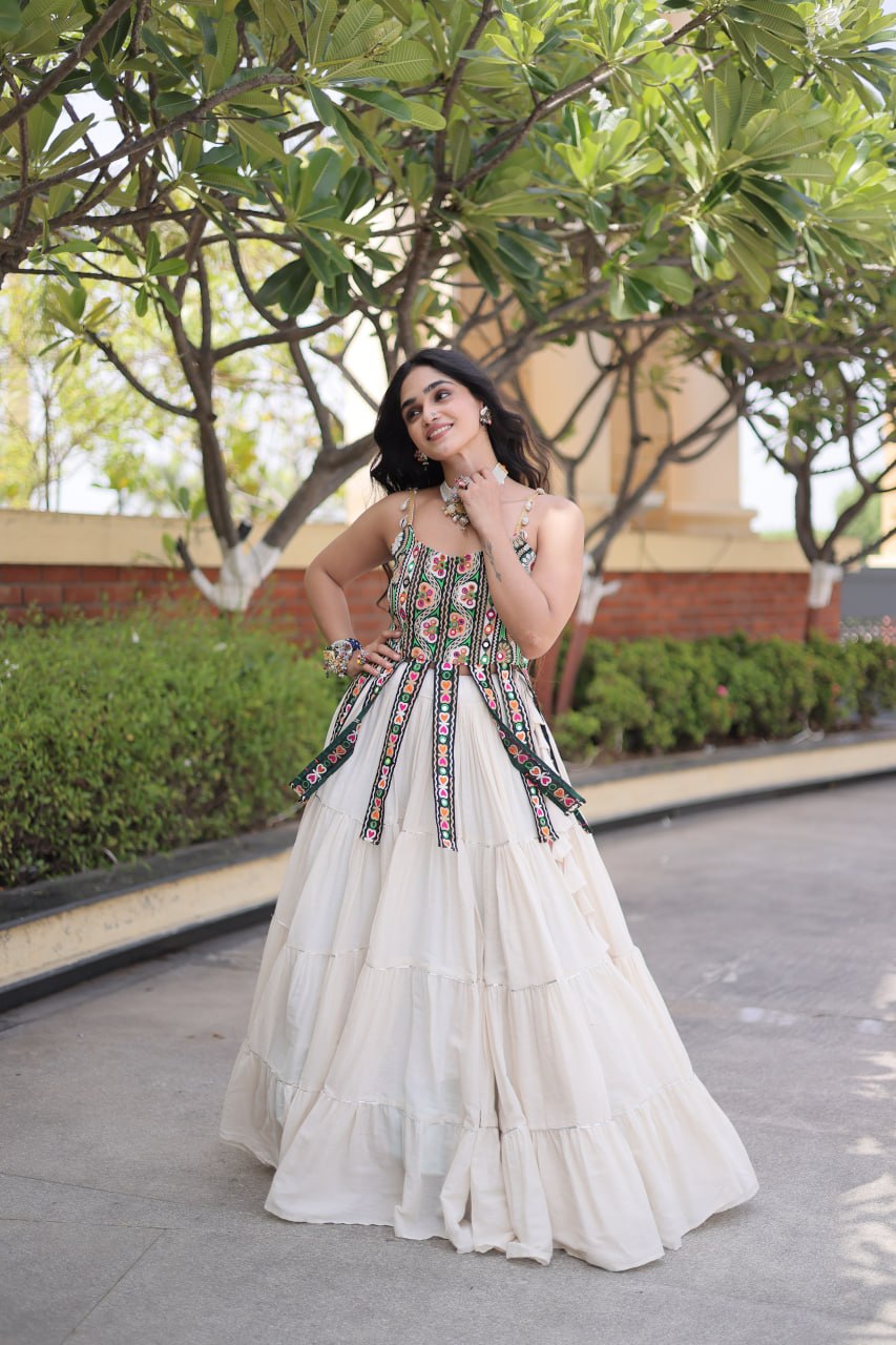 Rangvisha Designer Kora Cotton Navratri Lehenga Choli with 12 Meter Flair & Kutchi Patchwork Blouse