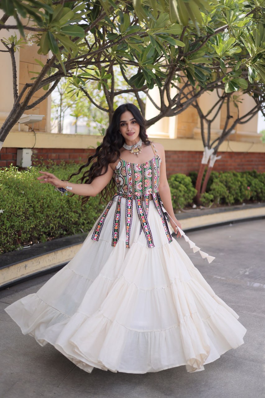 Rangvisha Designer Kora Cotton Navratri Lehenga Choli with 12 Meter Flair & Kutchi Patchwork Blouse