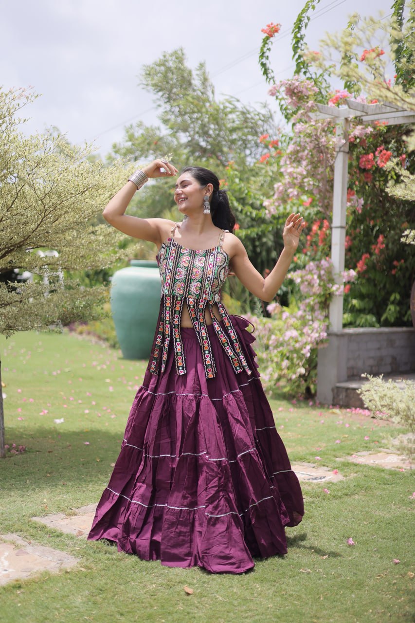 Rangvisha Designer Kora Cotton Navratri Lehenga Choli with 12 Meter Flair & Kutchi Patchwork Blouse