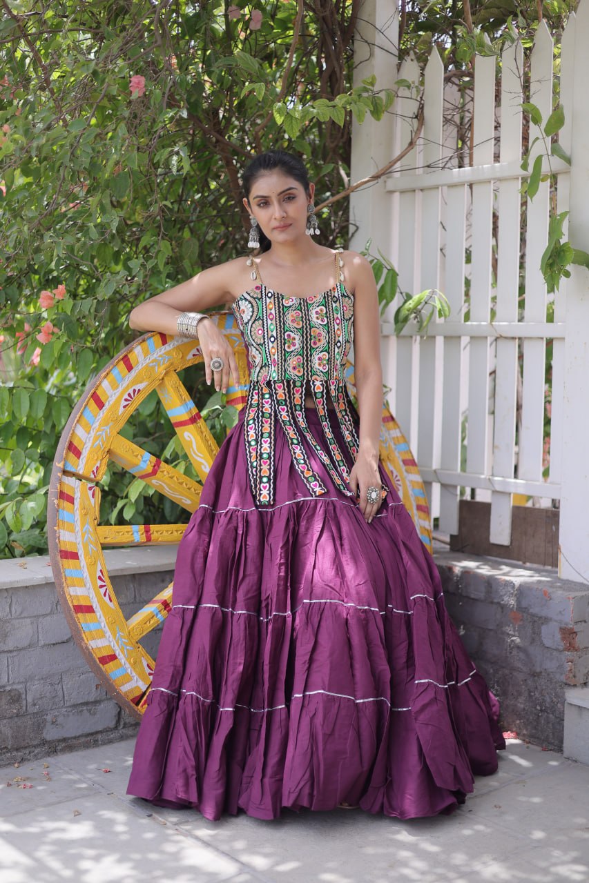 Rangvisha Designer Kora Cotton Navratri Lehenga Choli with 12 Meter Flair & Kutchi Patchwork Blouse