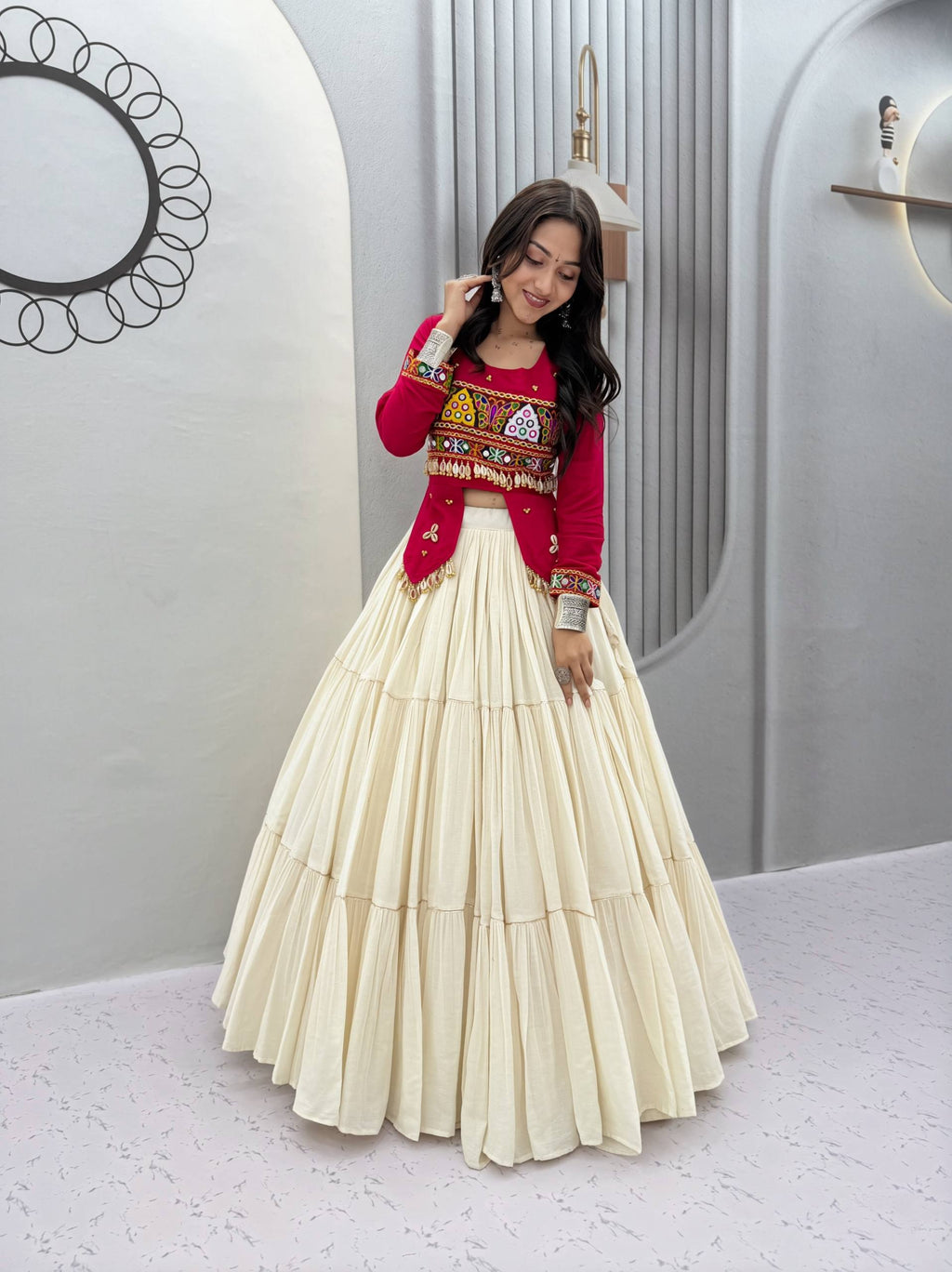 Navratri Special Pure Cotton Handcrafted Lehenga Choli with Real Kodi Work, Gamthi Embroidery and Heavy Ribbon Work 9 Metre Lehenga