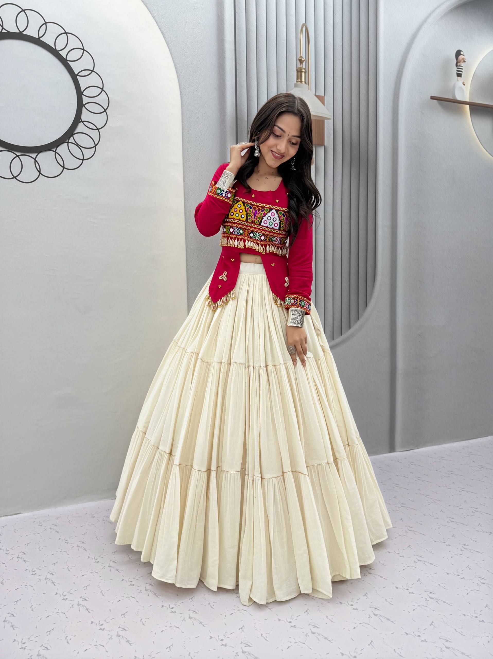 Navratri Special Pure Cotton Handcrafted Lehenga Choli with Real Kodi Work, Gamthi Embroidery and Heavy Ribbon Work 9 Metre Lehenga