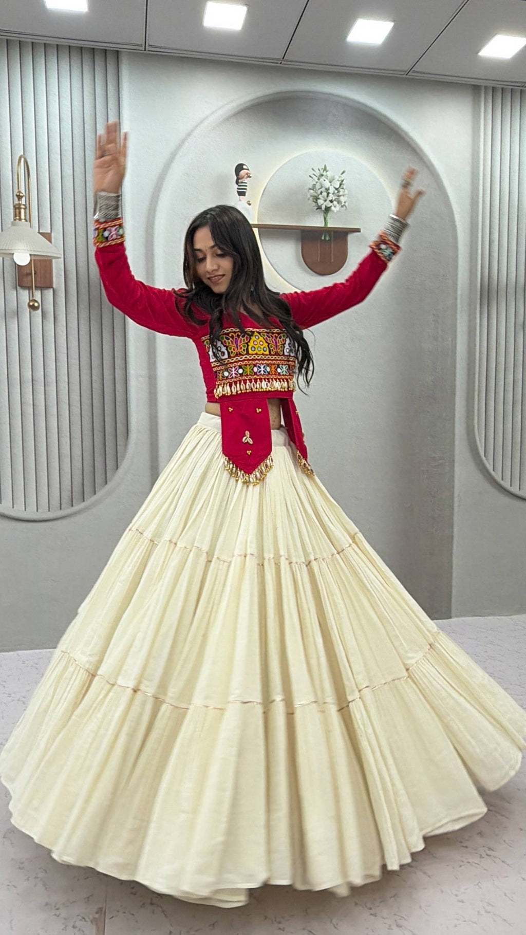 Navratri Special Pure Cotton Handcrafted Lehenga Choli with Real Kodi Work, Gamthi Embroidery and Heavy Ribbon Work 9 Metre Lehenga