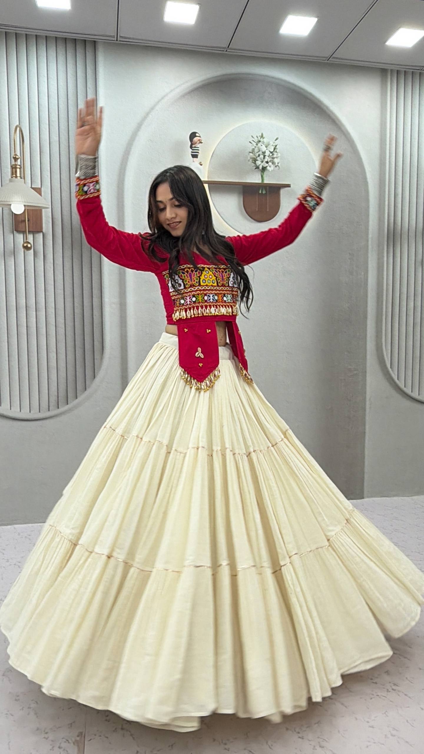 Navratri Special Pure Cotton Handcrafted Lehenga Choli with Real Kodi Work, Gamthi Embroidery and Heavy Ribbon Work 9 Metre Lehenga