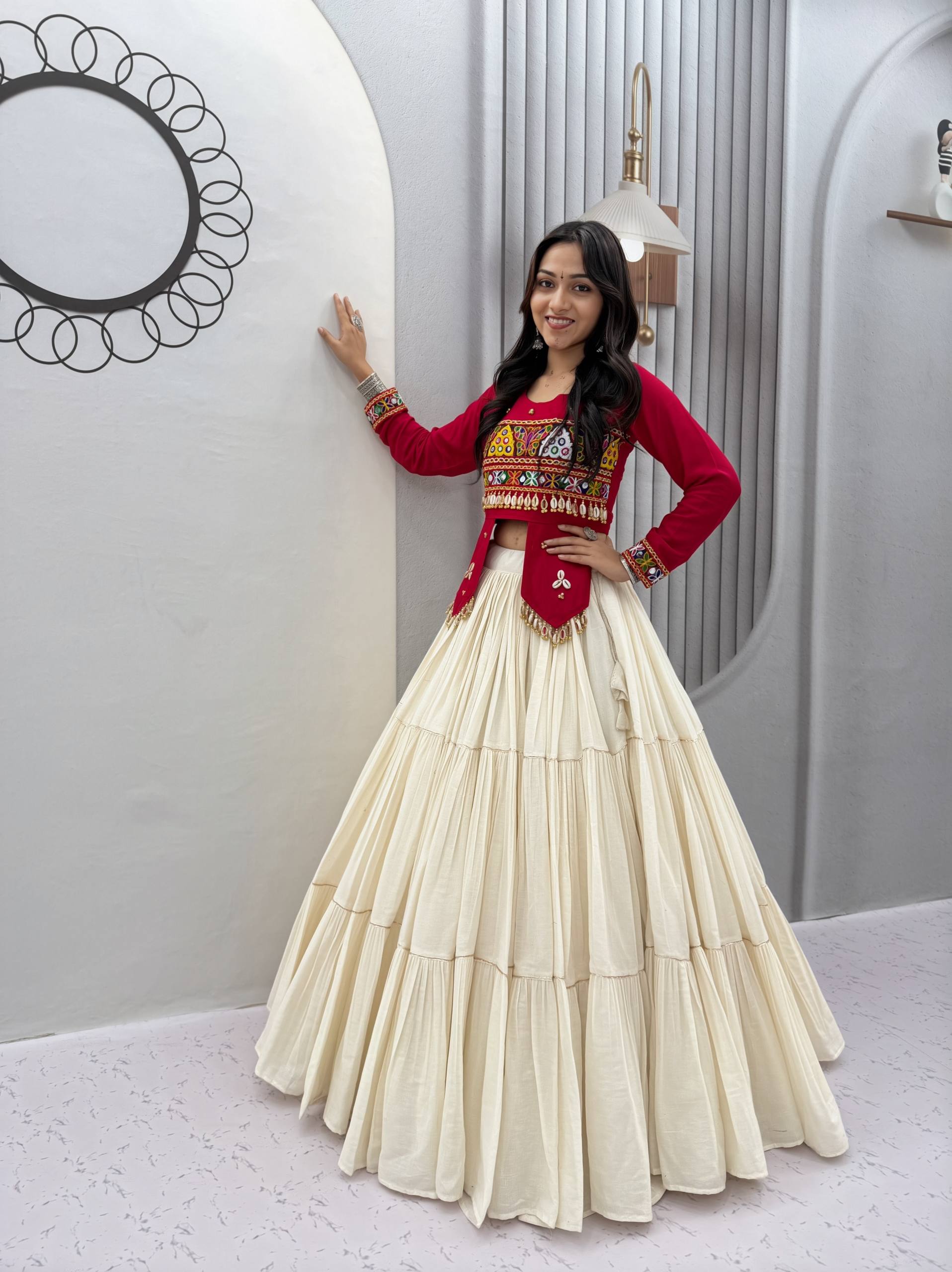 Navratri Special Pure Cotton Handcrafted Lehenga Choli with Real Kodi Work, Gamthi Embroidery and Heavy Ribbon Work 9 Metre Lehenga