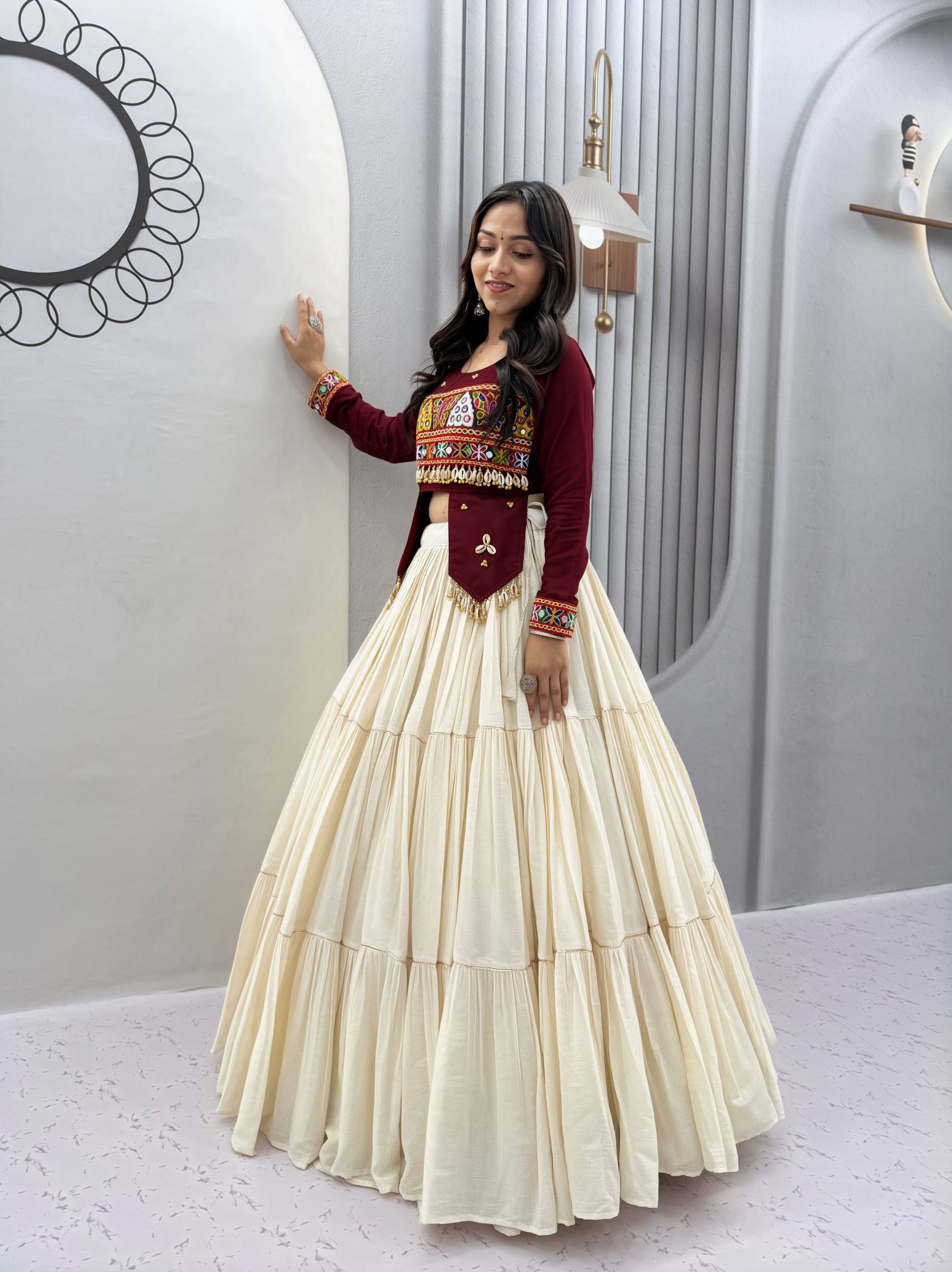 Navratri Special Pure Cotton Handcrafted Lehenga Choli with Real Kodi Work, Gamthi Embroidery and Heavy Ribbon Work 9 Metre Lehenga