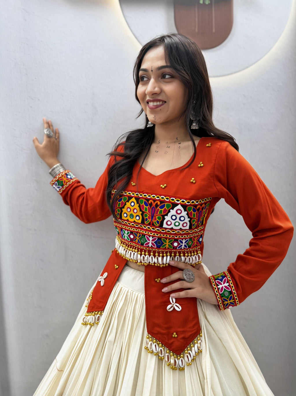 Navratri Special Pure Cotton Handcrafted Lehenga Choli with Real Kodi Work, Gamthi Embroidery and Heavy Ribbon Work 9 Metre Lehenga