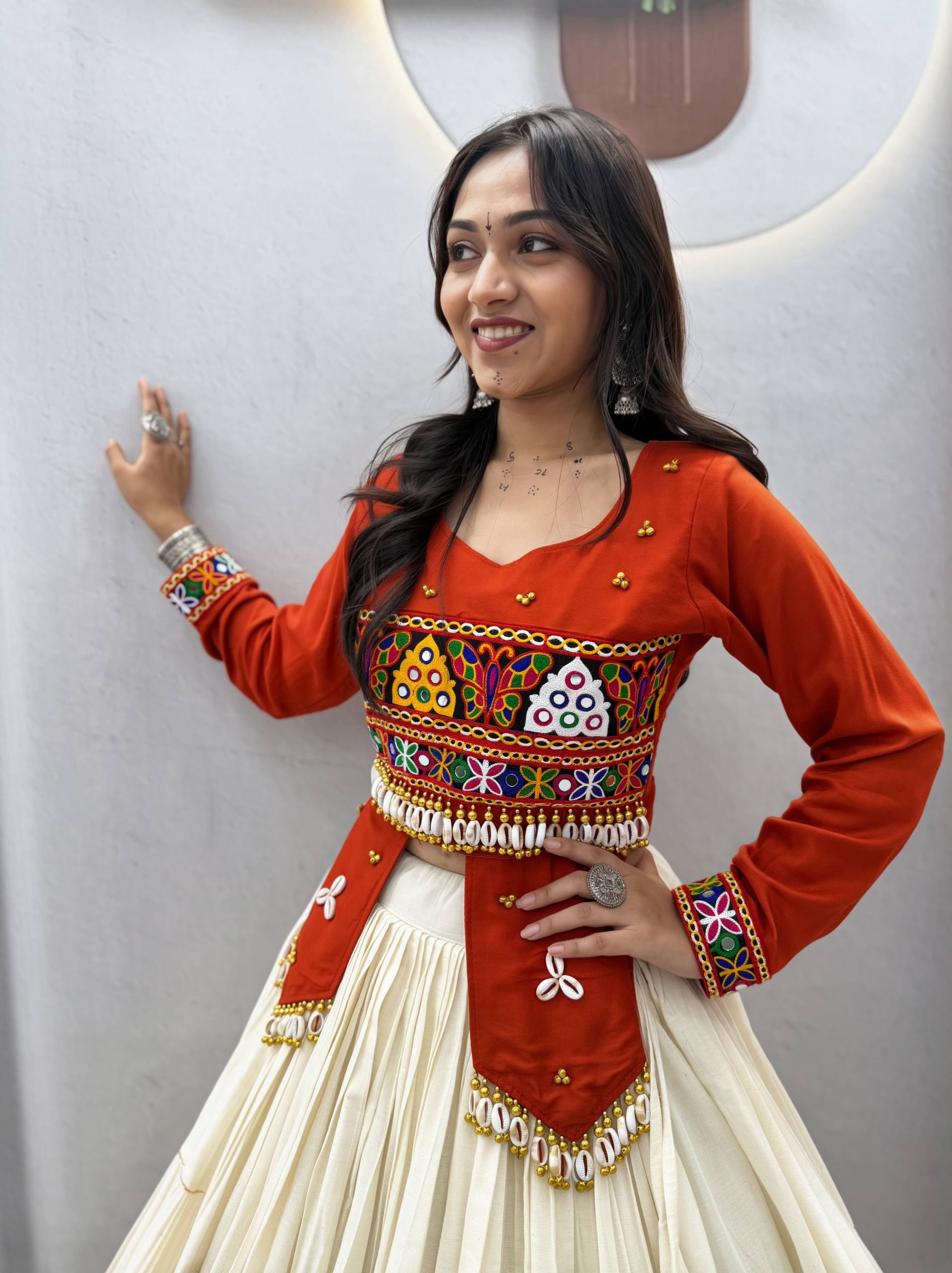 Navratri Special Pure Cotton Handcrafted Lehenga Choli with Real Kodi Work, Gamthi Embroidery and Heavy Ribbon Work 9 Metre Lehenga
