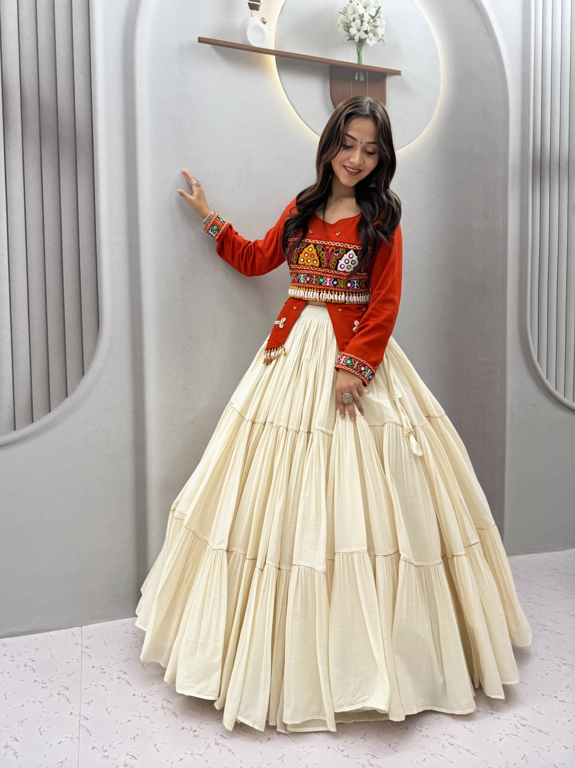 Navratri Special Pure Cotton Handcrafted Lehenga Choli with Real Kodi Work, Gamthi Embroidery and Heavy Ribbon Work 9 Metre Lehenga