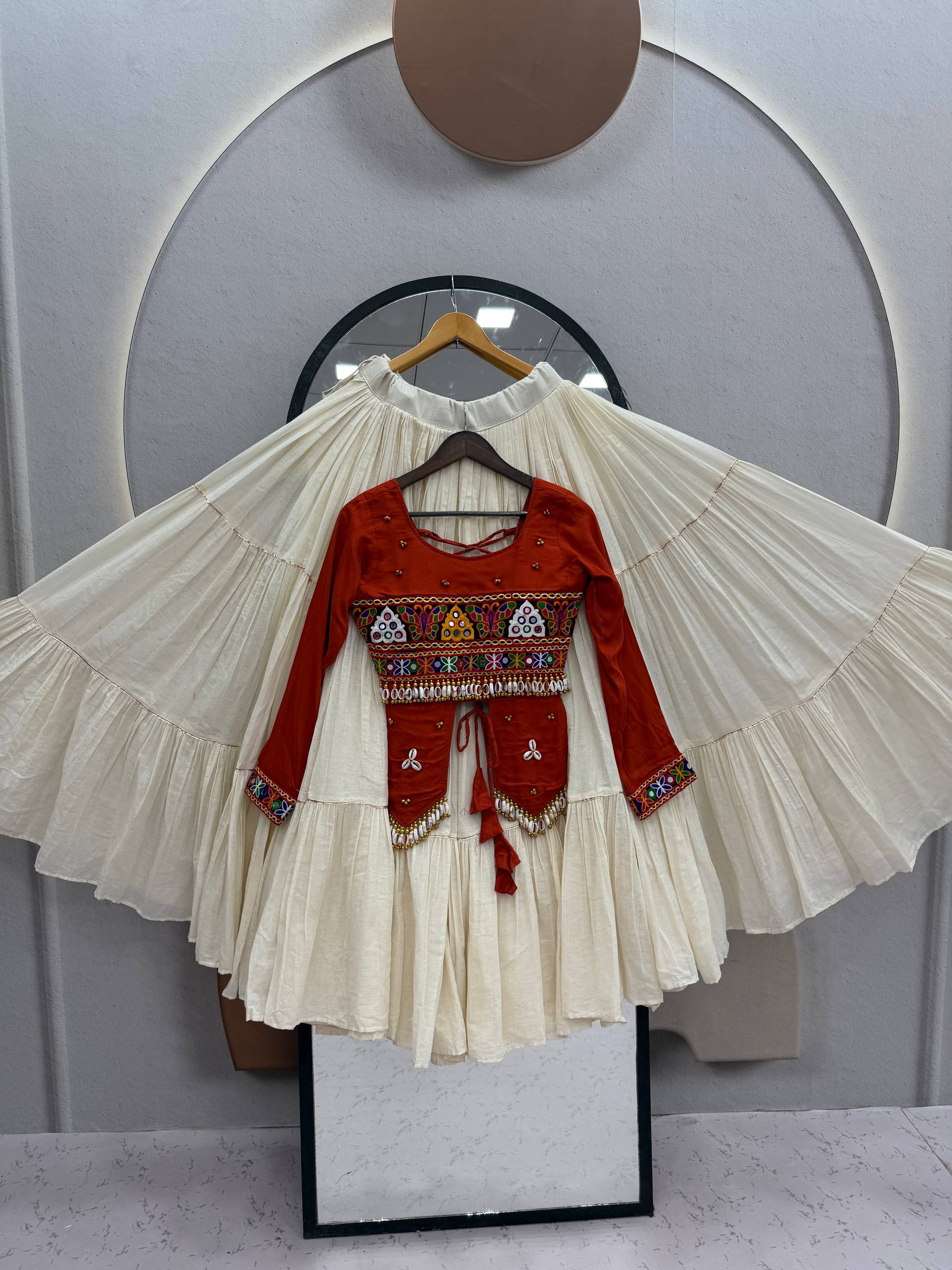Navratri Special Pure Cotton Handcrafted Lehenga Choli with Real Kodi Work, Gamthi Embroidery and Heavy Ribbon Work 9 Metre Lehenga