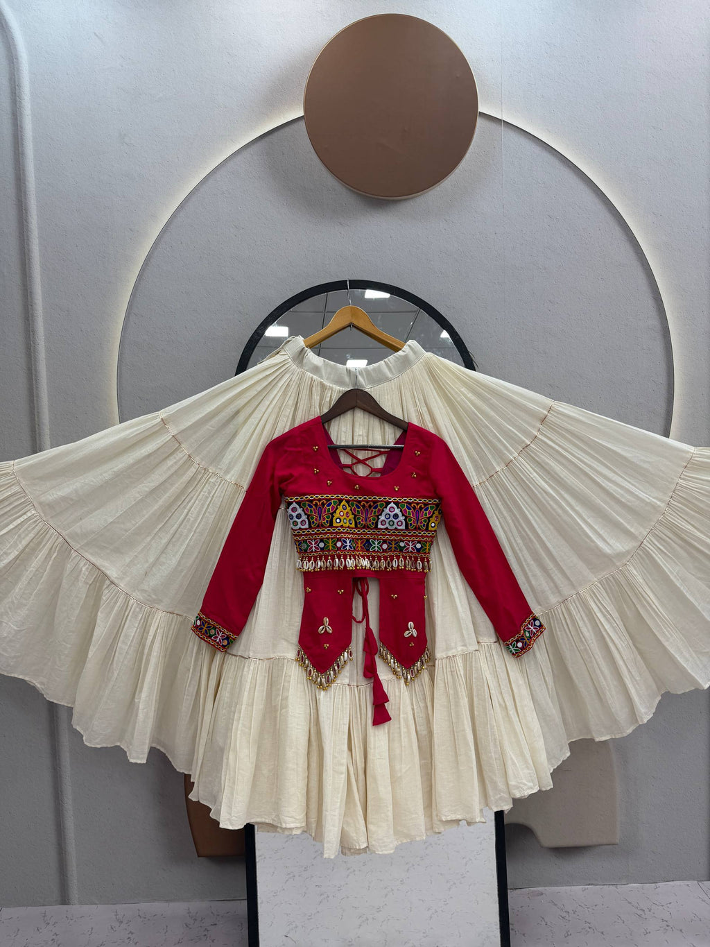 Navratri Special Pure Cotton Handcrafted Lehenga Choli with Real Kodi Work, Gamthi Embroidery and Heavy Ribbon Work 9 Metre Lehenga