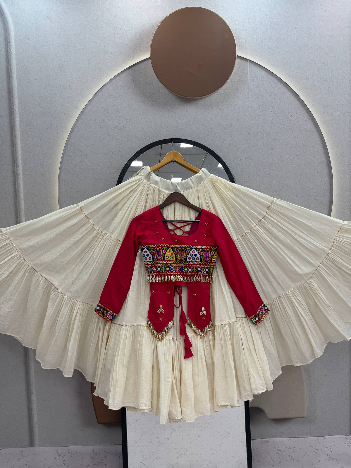 Navratri Special Pure Cotton Handcrafted Lehenga Choli with Real Kodi Work, Gamthi Embroidery and Heavy Ribbon Work 9 Metre Lehenga