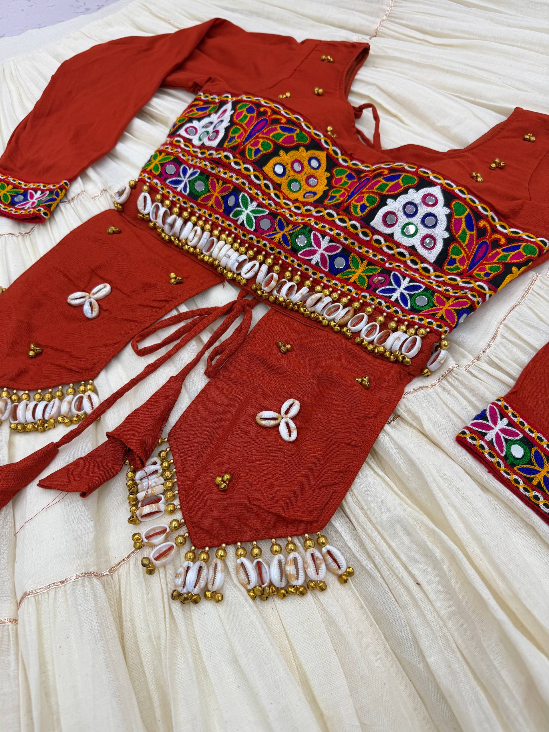 Navratri Special Pure Cotton Handcrafted Lehenga Choli with Real Kodi Work, Gamthi Embroidery and Heavy Ribbon Work 9 Metre Lehenga