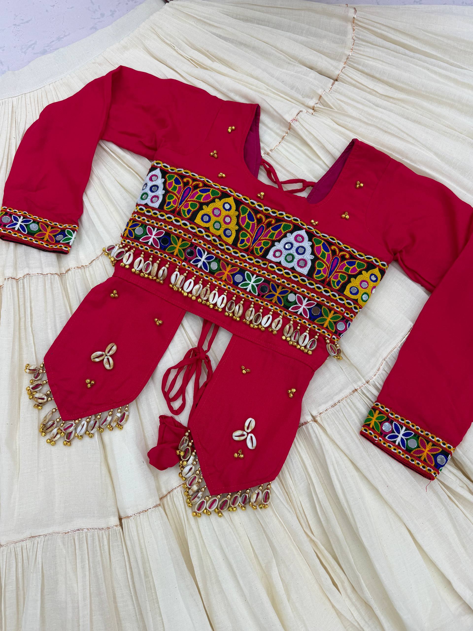 Navratri Special Pure Cotton Handcrafted Lehenga Choli with Real Kodi Work, Gamthi Embroidery and Heavy Ribbon Work 9 Metre Lehenga