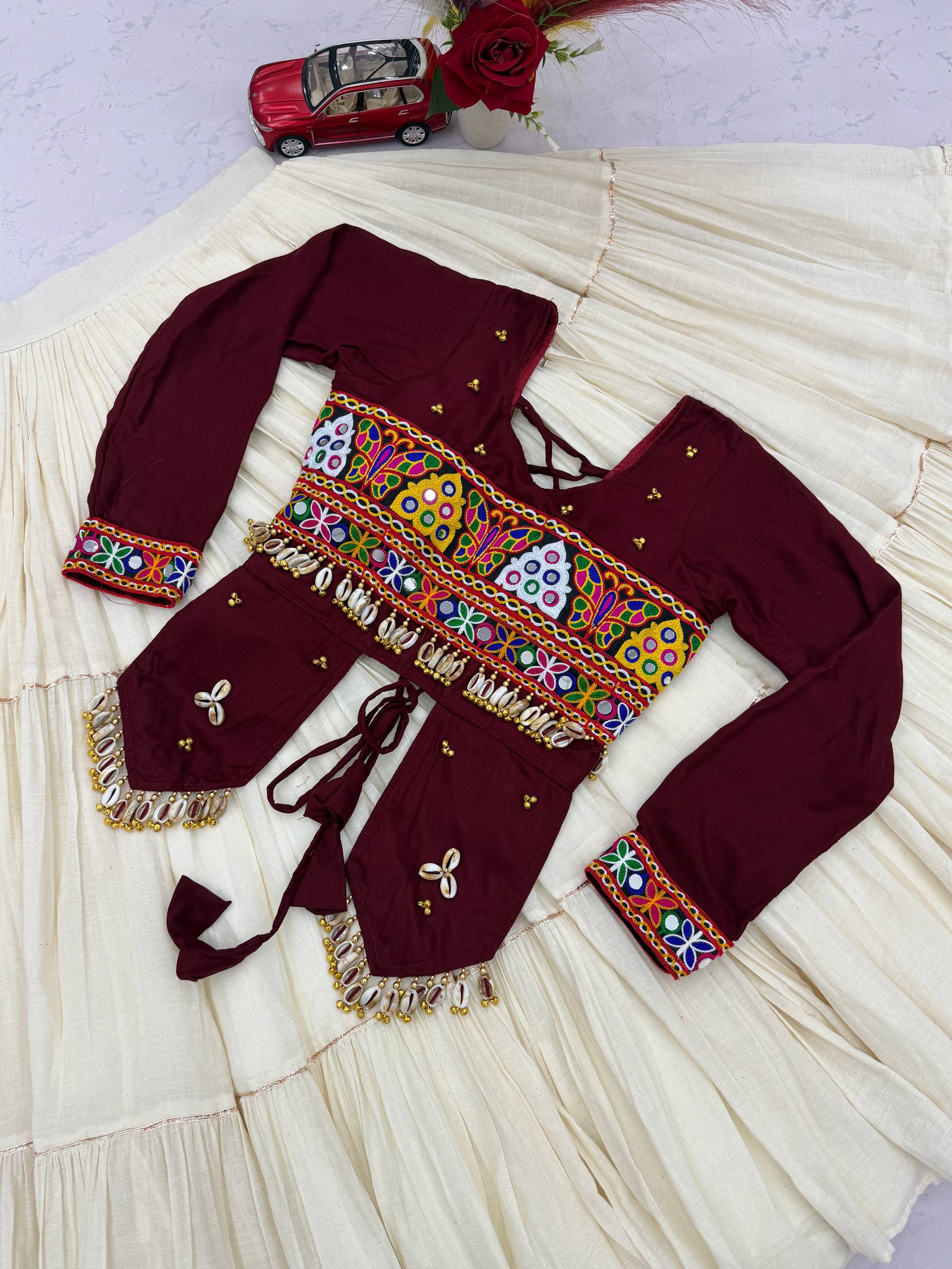 Navratri Special Pure Cotton Handcrafted Lehenga Choli with Real Kodi Work, Gamthi Embroidery and Heavy Ribbon Work 9 Metre Lehenga