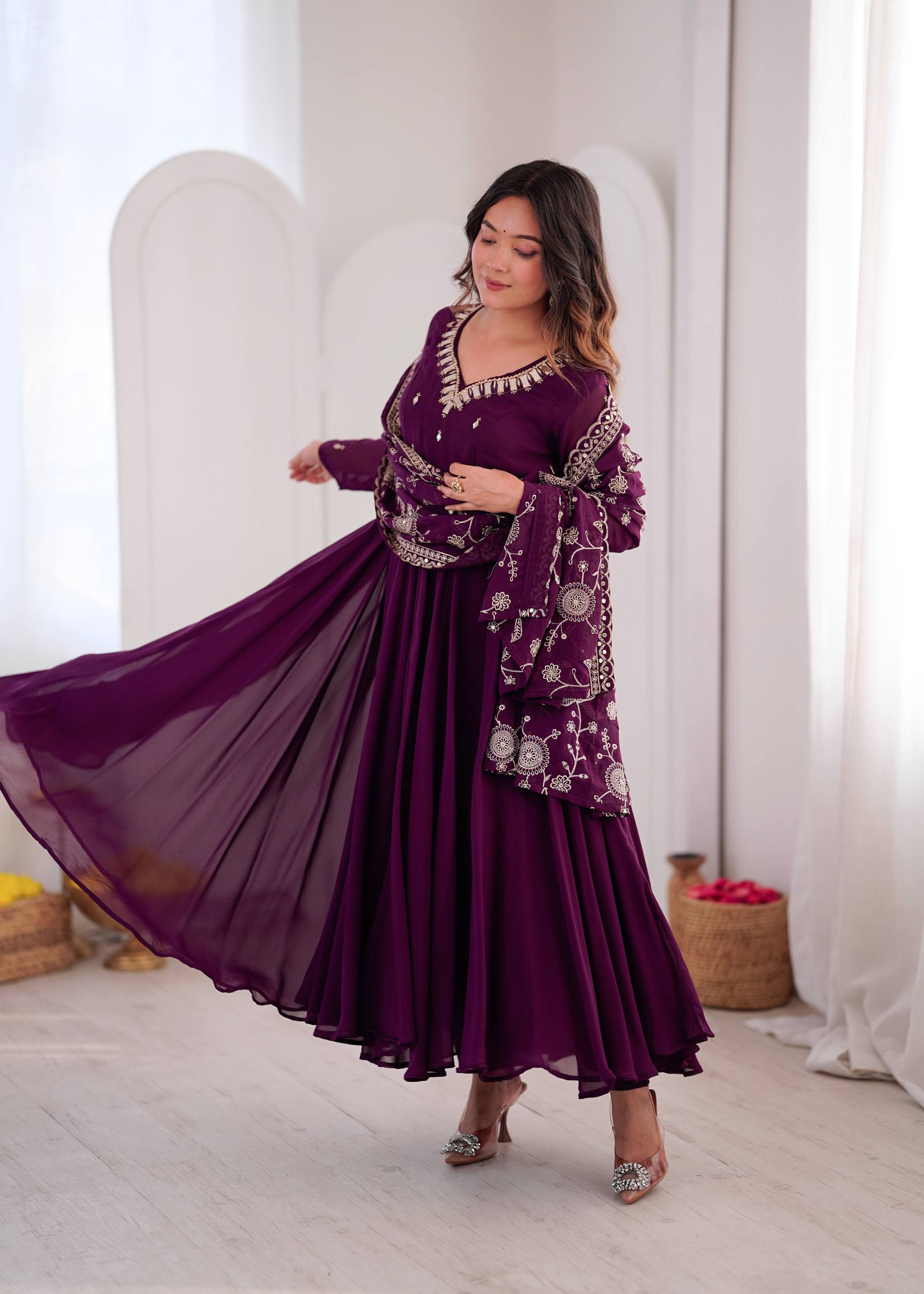 Mrunalini Faux Georgette Khatli Work Gown with Bottom & Embroidered Dupatta Set