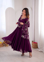 Mrunalini Faux Georgette Khatli Work Gown with Bottom & Embroidered Dupatta Set